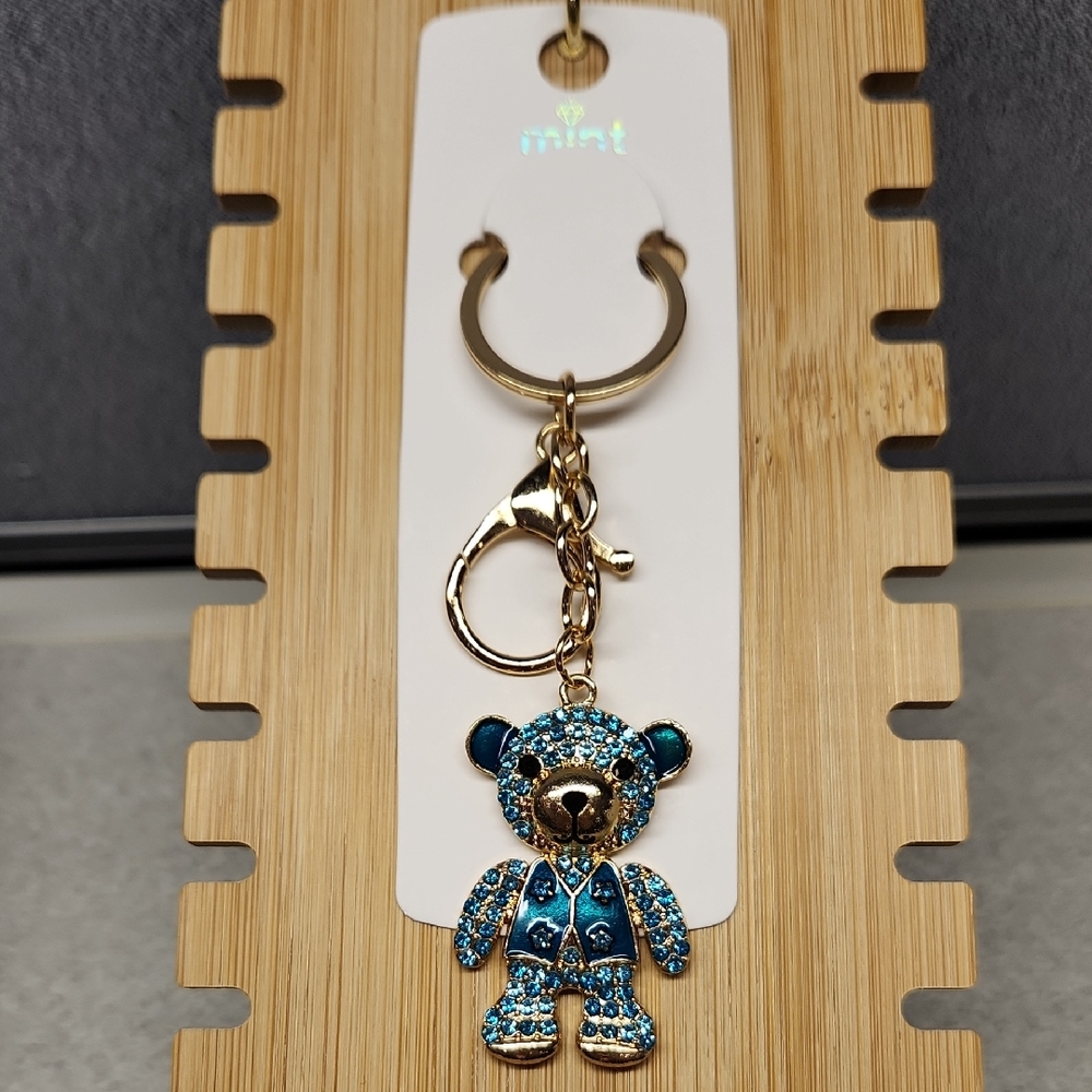 Mint Teal Blue And Gold Sparkling Bear Keychain/Bag Charm